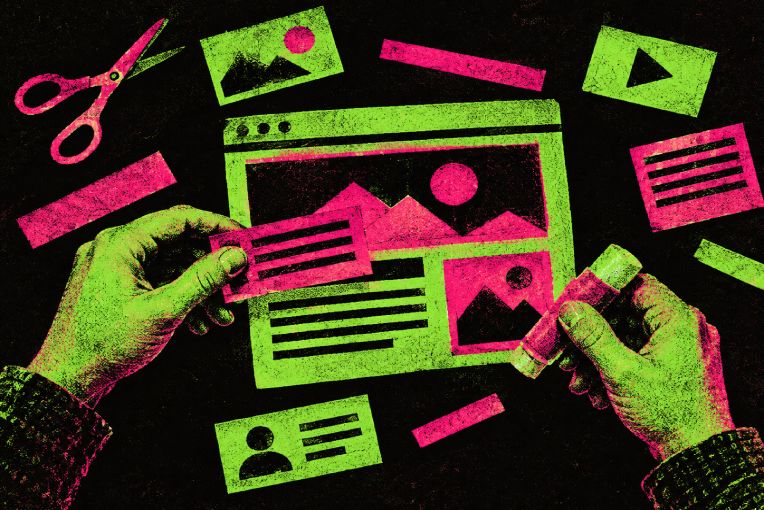 Illustration: hands assembling a web page from paper cut-outs