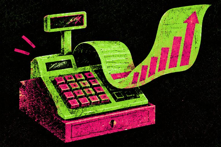 Illustration: cash register printing a rising sales chart
