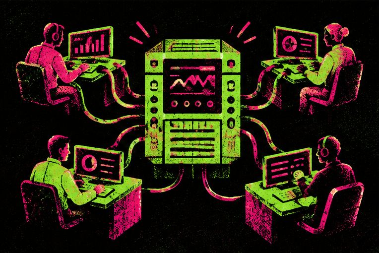 Illustration: team connected to a shared web platform